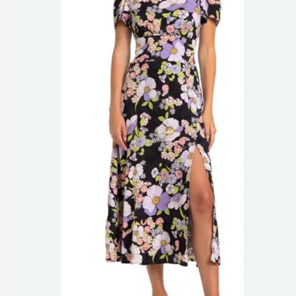AFRM Pink and Purple Midi Dress with Slit and Flutter Sleeves